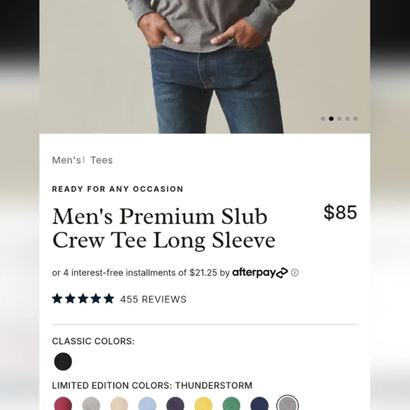 NEW American Giant Premium Slub Crew Tee Long Sleeve Thunderstorm Grey Shirt M